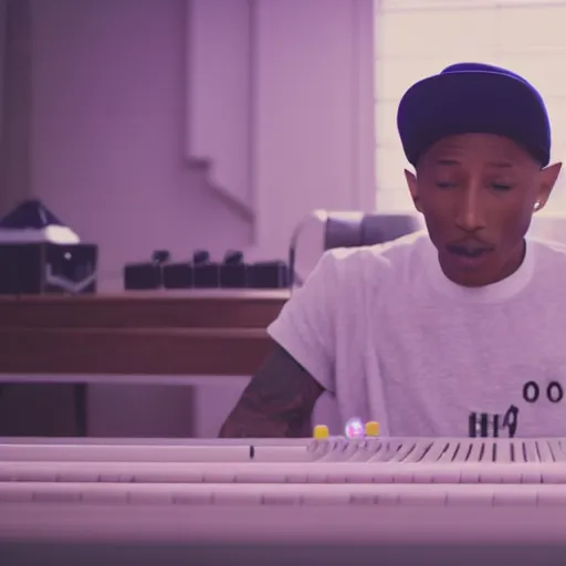 Image similar to cinematic film still of Pharrell Williams Making A Beat with an anthropomorphic alien, Japanese VFX, 2018, 400mm lens, f1.8, shallow depth of field,film photography