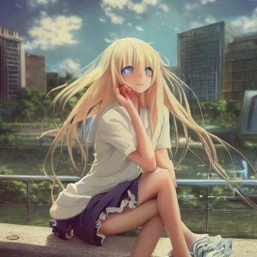 Image similar to a very beautiful anime girl, full body, long wavy blond hair, sky blue eyes, full round face, short smile, cute top, miniskirt, sitting on a miniature city, surround by a miniature crowd,wallpaper by wlop