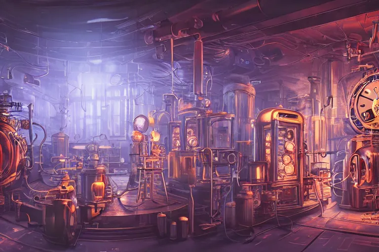 Prompt: wide angle on steampunk laboratory filled with alchemy equipment, scientist working, pespective, giant screens, sci - fi vending machine, concept art by feng zhu, dynamic light, volumetric light, neon lights, cinematic mood