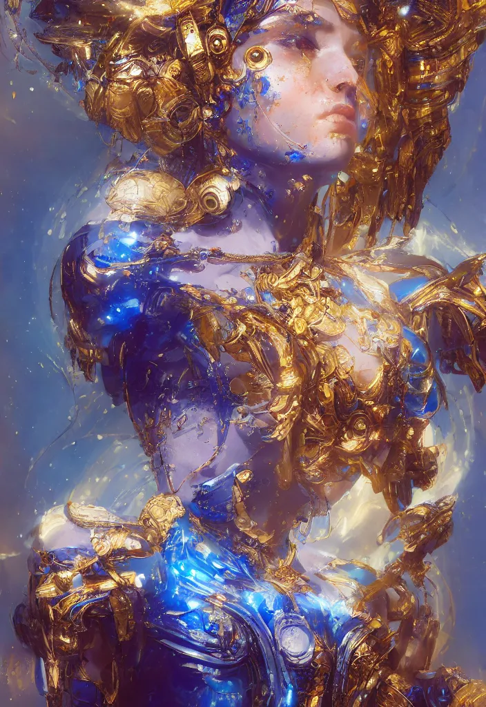 Image similar to the electronexus , goddess with golden skin with blue adornments ,Wadim Kashin, artgerm, XF IQ4, f/1.4, ISO 200, 1/160s, 8K, RAW, featured in artstation, illustrative, elegant, intricate, 8k