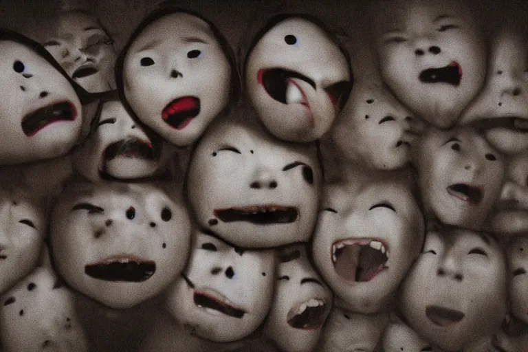 Prompt: smiling faces emerging from the ceiling in a dark room, japanese horror, eerie atmosphere, fear, mystery, 8 k uhd