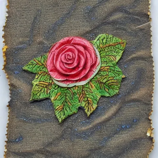 Prompt: photo of an intricately detailed representation of a accurate rose. Colored synthetic polymer blended with colored torn fabrics miniature on found newspaper.