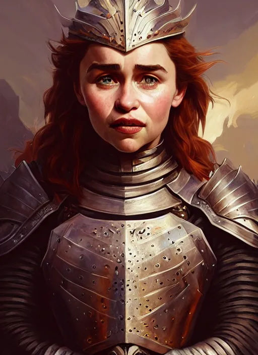 Image similar to portrait of emilia clarke as a knight, medival armor, redhead, sword, dark ages, intricate, headshot, highly detailed, digital painting, artstation, concept art, sharp focus, cinematic lighting, illustration, art by artgerm and greg rutkowski, alphonse mucha, cgsociety