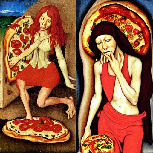 Prompt: skinny lady with red hair covered by pizzas in Hell, painted in style of Hans Memling