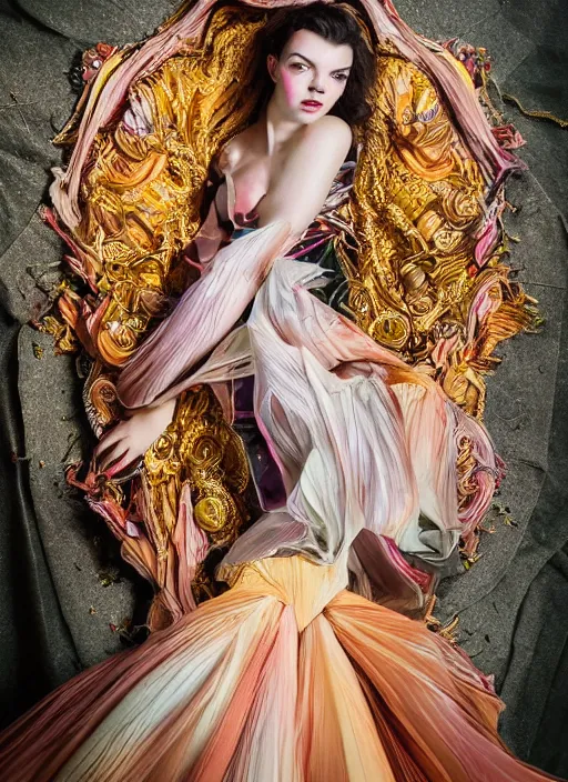 Prompt: expressive full body photo of anya taylor - joy, dress made of sweets, glamour shot, by karol bak, stefan gesell, photorealistic, nikon d 4 x, fashion photography, hyper maximalist, elegant, ornate, luxury, elite, environmental portrait, symmetrical features, octane render, unreal engine, solid dark grey background, dramatic lights