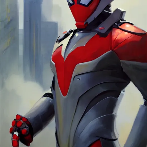 Image similar to greg manchess portrait painting of armored spiderman ultraman grey fox from metal gear cyborg gay japanese - american hybrid as overwatch character, medium shot, asymmetrical, profile picture, organic painting, sunny day, matte painting, bold shapes, hard edges, street art, trending on artstation, by huang guangjian and ail elvgren and sachin teng