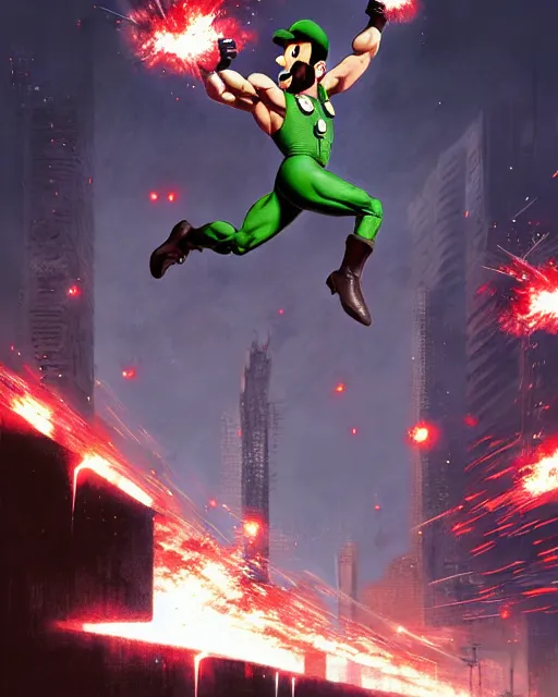 Prompt: gigachad luigi bodybuilder jumping in front of a atomic blast fighting like one punch man wearing a suit in the fight club city, fantasy character portrait, ultra realistic, anime key visual, full body concept art, intricate details, highly detailed by greg rutkowski, ilya kuvshinov, gaston bussiere, craig mullins, simon bisley