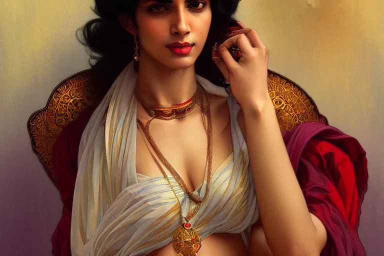 Image similar to sensual pale beautiful indian doctor in jeans, art deco portrait, elegant, intricate, digital painting, artstation, concept art, smooth, sharp focus, illustration, art by artgerm and greg rutkowski and alphonse mucha