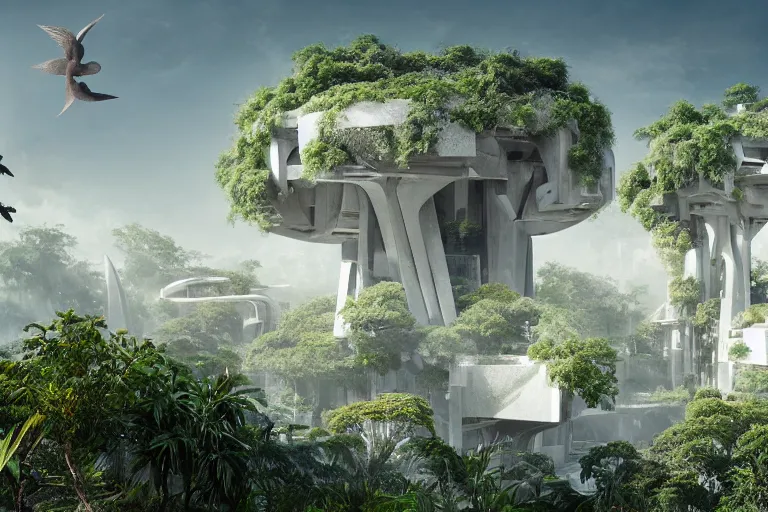 Image similar to brutalist futuristic white Aztec structures, manicured garden of eden, pools and streams, tropical foliage, birds, sculpture gardens, Spring, by Jessica Rossier and Brian Froud