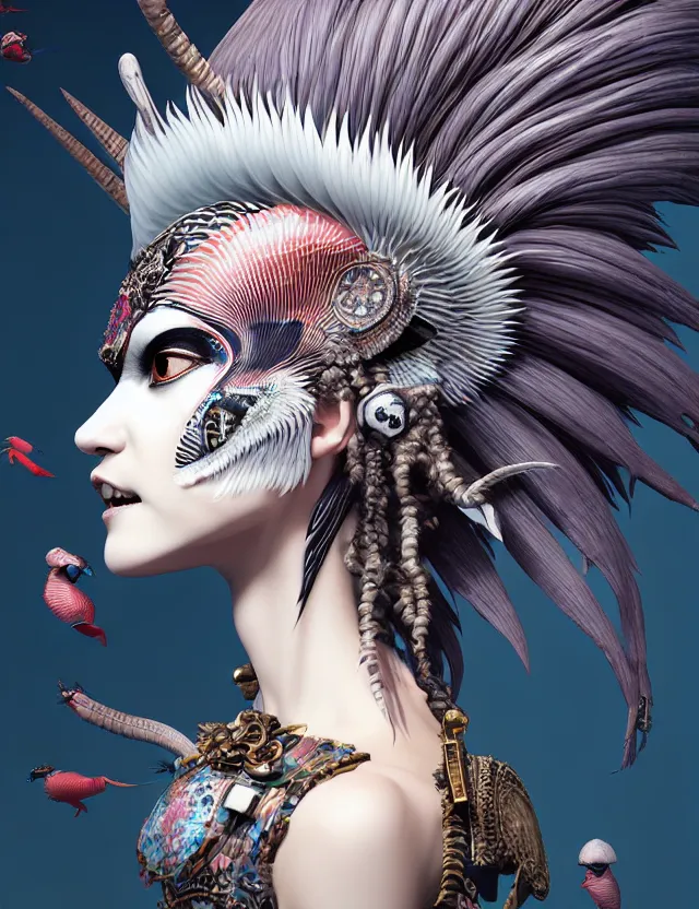 Image similar to 3 d goddess close - up profile simple portrait punk with mohawk with goat skull. beautiful intricately detailed japanese crow kitsune mask and clasical japanese kimono. betta fish, jellyfish phoenix, bio luminescent, plasma, ice, water, wind, creature, artwork by tooth wu and wlop and beeple and greg rutkowski