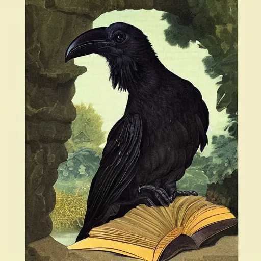 Prompt: beautifully detailed animal portrait of a detailed raven looking at a book laid out on a golden silk cloth, in a serene beautiful stone arched garden at beautiful sunrise by john james audubon and sidney cooper and frederic leighton and by rosetti, 4 k, artstation