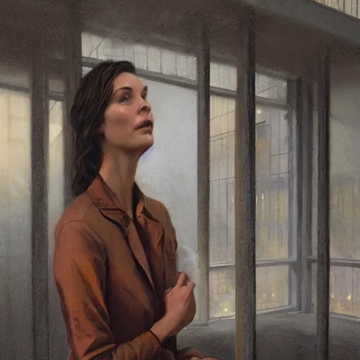 Image similar to detailed face of an intelligent clothed woman with kind eyes in a architectonic courtyard with whisps of smoke at a science expo, atmospheric, ambient, pj crook, syd mead, livia prima, artgerm, greg rutkowski, nick alm, casey baugh