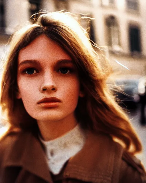 Image similar to photography from 7 0 s, close - up portrait of young fashion model face, soft light, golden hour, in style of street photography from 1 9 7 0