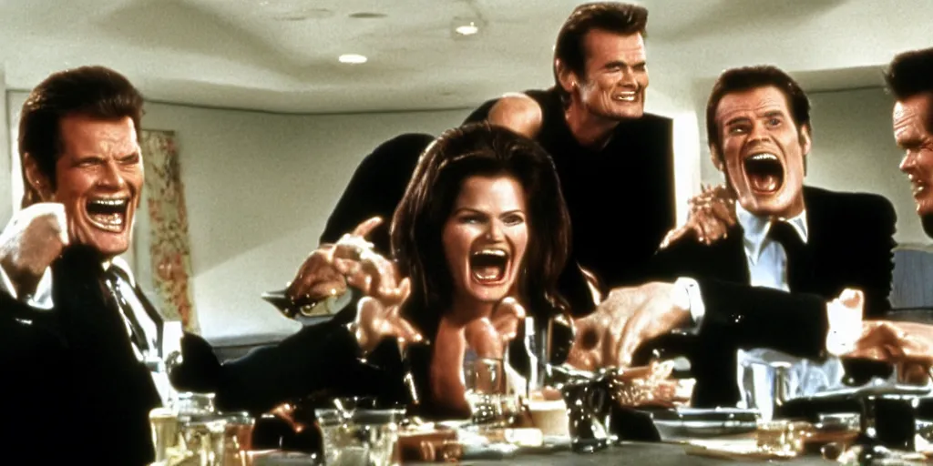 Image similar to still frame of Geena Davis, Roger Moore and Jim Carrey in Pulp Fiction laughing hysterically over a joke