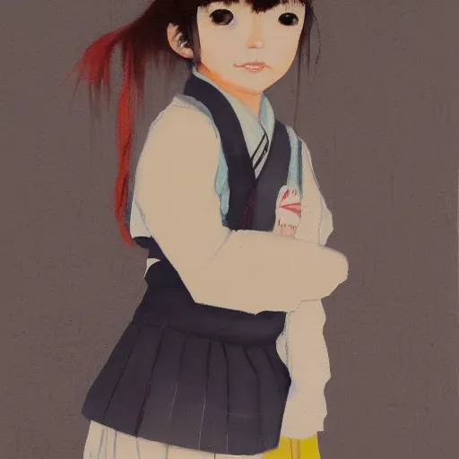 Prompt: a painting of Japanese schoolgirl, clothed, mixed media