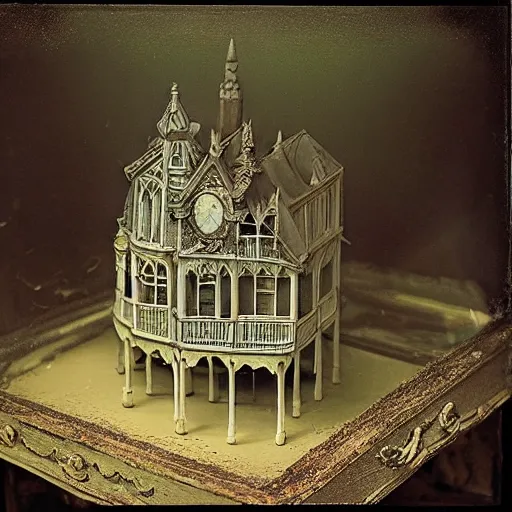 Prompt: a faded color photo of a miniature tabletop gothic house under an ornate glass dome, by paulette tavormina and michael whelan, faded and dusty, hyper realistic, extremely detailed, dramatic lighting, victorian