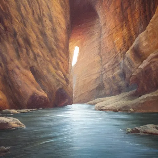 Prompt: beautiful oil painting of a canyon in between mountains, trending on artstation, high detail, realism, award winning, detailed lighting