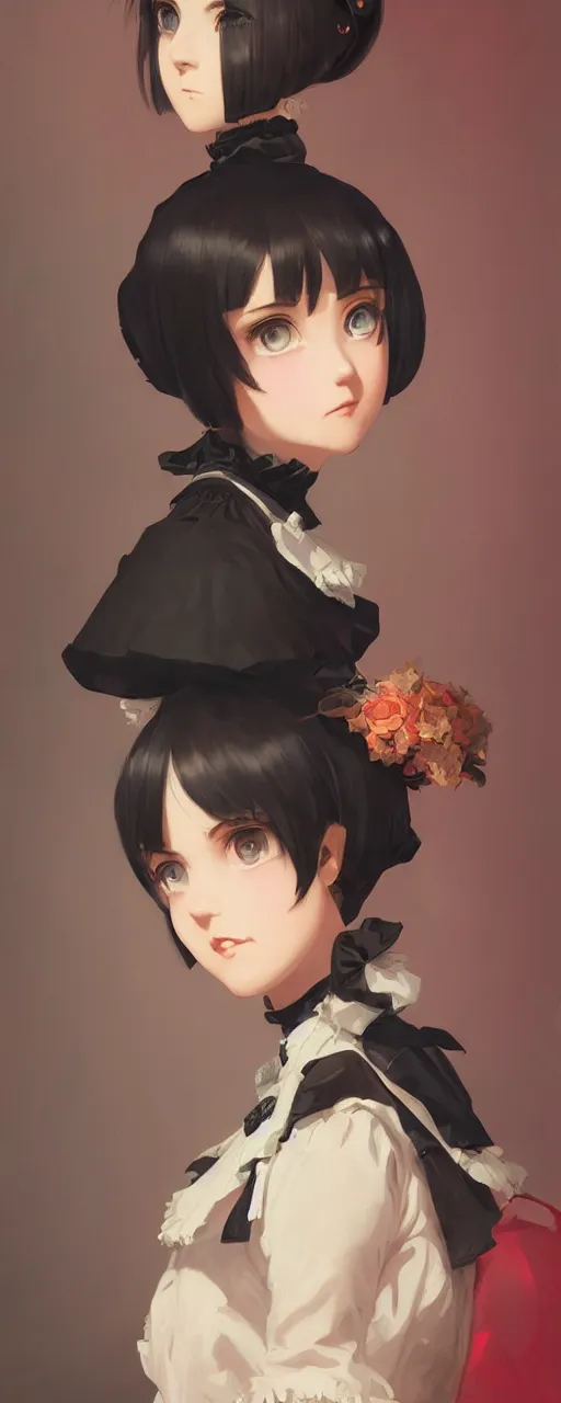 Prompt: a portrait of a cute young woman in a Victorian maid outfit with black bob cut hair, steampunk setting, vivid colors, soft lighting, atmospheric, cinematic, moody, in the style of Ilya Kuvshinov and Range Murata, Krenz Cushart, oil on canvas, 8k