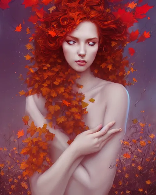 Image similar to beautiful autumn priestess with curly red - hair, flurry of leaves and flowers, warm aura, artgerm, peter mohrbacher, alena aenami, artstation