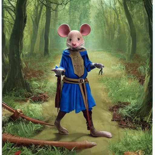 Image similar to an adventurous anthropomorphic mouse wearing medieval clothing walking through a lush forest, Alex Ross