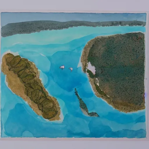 Prompt: a bird's - eye view of a island in de middle of the ocean, watercolor