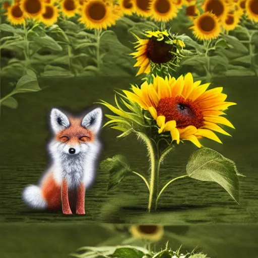 Image similar to a miniature fox, sitting on a sunflower, digital art, trending on artstation