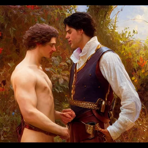 Image similar to attractive fully clothed king confesses his love for his attractive fully clothed male prince. highly detailed painting by gaston bussiere, craig mullins, j. c. leyendecker 8 k