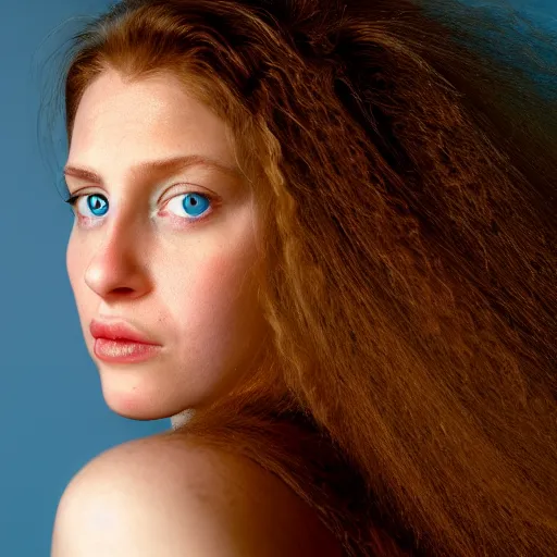 Image similar to a vivid portrait of a female with beautiful hair, light skin, and big blue eyes, soft cinematic lighting, shallow depth of field, photograph by annie leibovitz, 4k