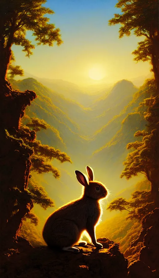 Image similar to hyper realistic rabbit looking off of a cliff, sun setting behind rabbit silhouette, lush forest in valley below, painted by craig mullins, j. c. leyendecker 8 k