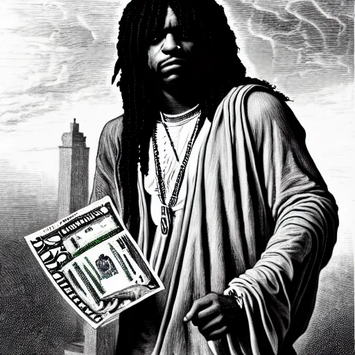 Image similar to highly accurate cheef keef rapper holding stacks of cash, biblical image, style of gustave dore, highly detailed, beautiful, high contrast, black and white