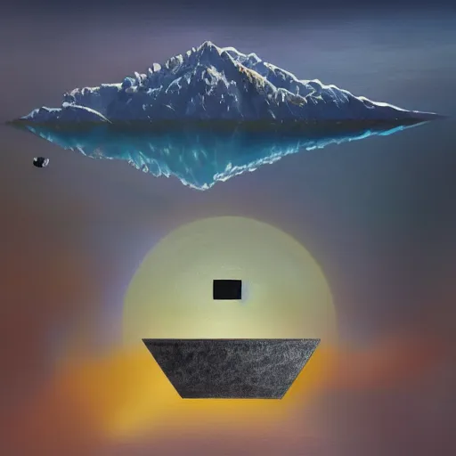 Image similar to largely animated black cube sits in the center, in the air, levitating above a pristine lake with a background of residual peaceful mountains, robustly intricate oil painting, 4 k quality, trending on artstation