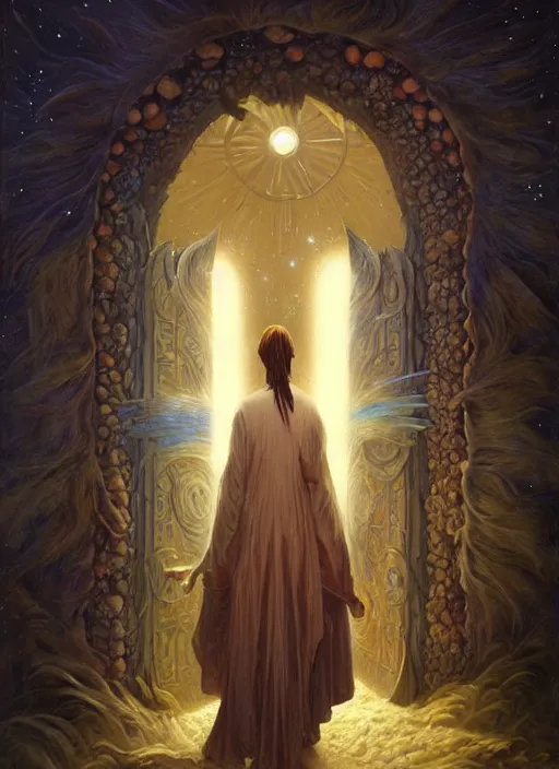 Prompt: an indigenous shaman entering the world of dreams through a giant door full of light and surrounded by stars, fantastic, surrealism, art by christophe vacher