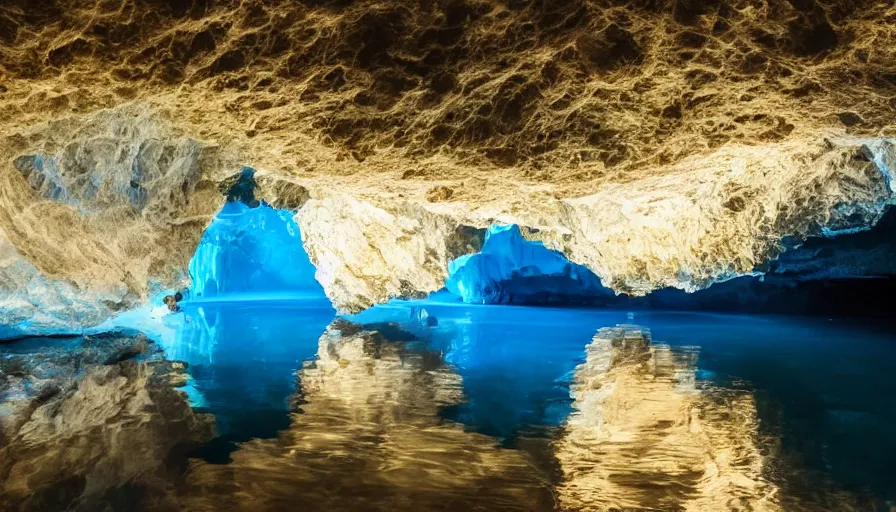 Image similar to Blue cave during the day, blue water, reflections ,god rays, incredible lighting, 4k photography award winning,