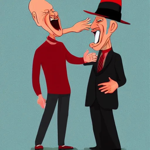 Image similar to caricature angry red bald man slapping another man in a hat in the face. Well composed, detailed, concept art by Mike Altman