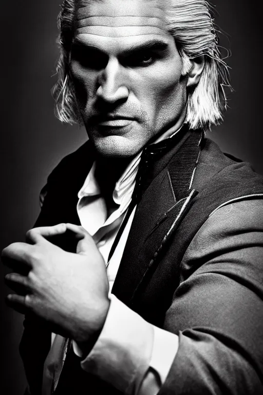 Image similar to portrait of geralt of rivia wearing a tuxedo, 5 5 mm lens, professional photograph, black and white, times magazine, serious