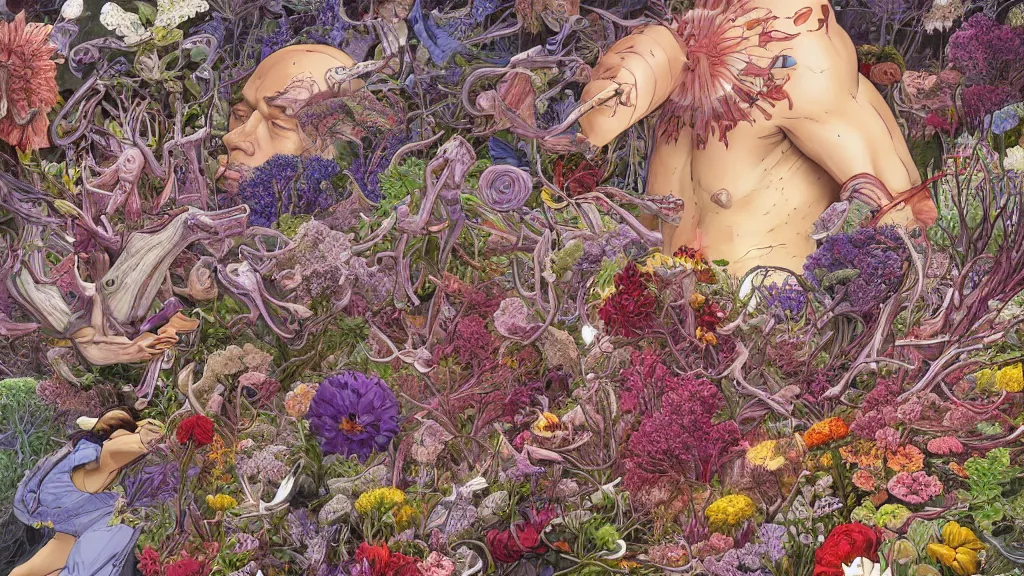 Image similar to highly detailed illustration of a human anatomy body exploded by all the known species of flowers by juan gatti, by makoto shinkai, by moebius!, by oliver vernon, by joseph moncada, by damon soule, by manabu ikeda, by kyle hotz, by dan mumford, by kilian eng