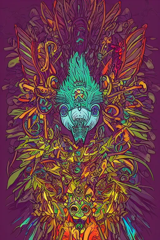 Image similar to animal mask totem roots flower tribal feather gemstone plant wood rock shaman vodoo video game vector cutout illustration vivid multicolor borderlands comics by josan gonzales and dan mumford radiating a glowing aura