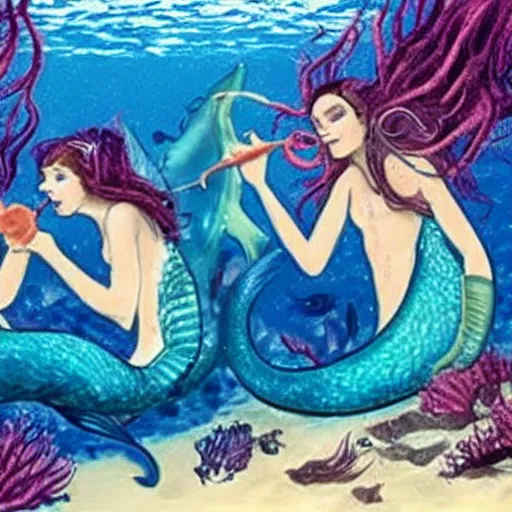 Image similar to beautiful deadly mermaids holding drowning sailors underwater and eating them