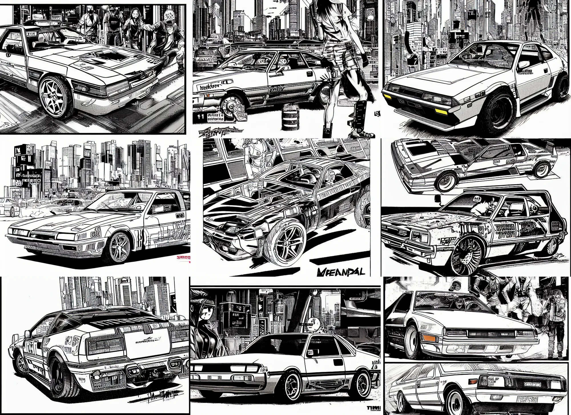 Prompt: hyundai pony coupe, cyberpunk 2 0 2 0 manual, by steampoweredmikej, by tim bradstreet, inktober, ink drawing, black and white, coloring pages, manga, highly detailed