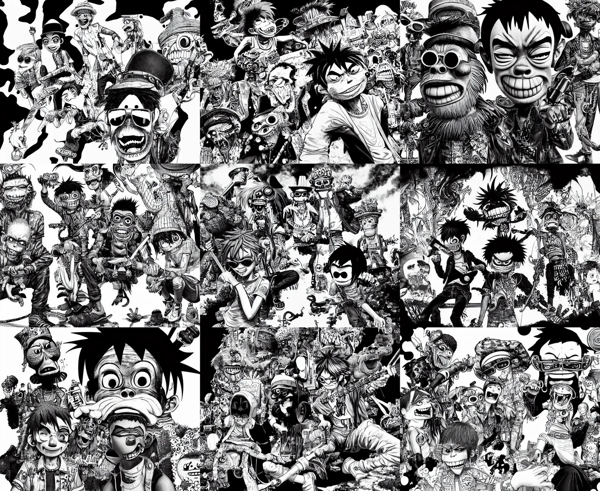 Prompt: highly detailed ink illustration of gorillaz, octane render, b & w clean shaped illustration by kim jung gi, ric estrada, ron english and eiichiro oda