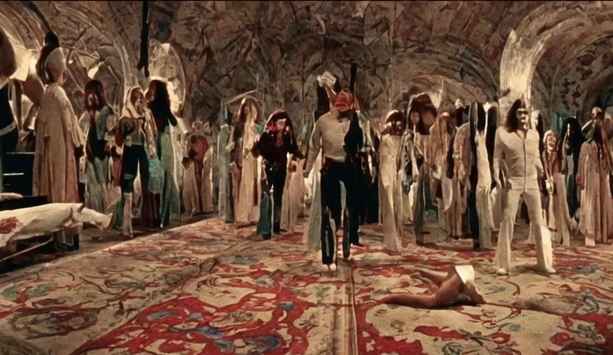 Image similar to a still of severance series indoor 7 0 s scenario appearing in a film of jodorowsky, in movie holy mountain ( 1 9 7 3 )