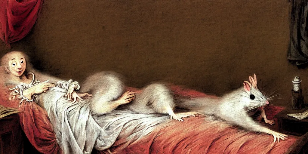 Prompt: anthropomorphic bipedal rat dressed in pajamas, and laying on a bed, classic oil painting, in the style of d & d and mtg, by jean - antoine watteau, dusty, extreme clutter, messy room, knickknacks, books, scrolls, comfy, sleepy, cool tones, fog, mystic, dim, extremely detailed, sharp focus, 4 k