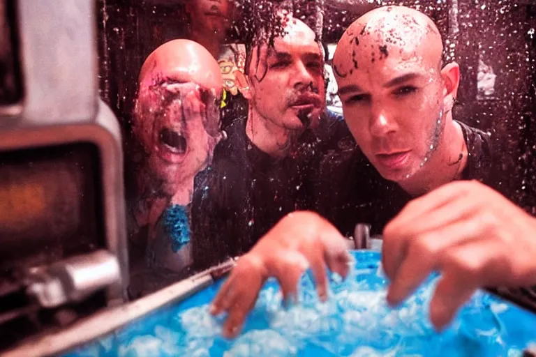 Prompt: pitbull taking a selfie with a fan while trapped in a pinball machine, submerged in goo, in 1 9 8 5, y 2 k cybercore, industrial low - light photography, still from a kiyoshi kurosawa movie