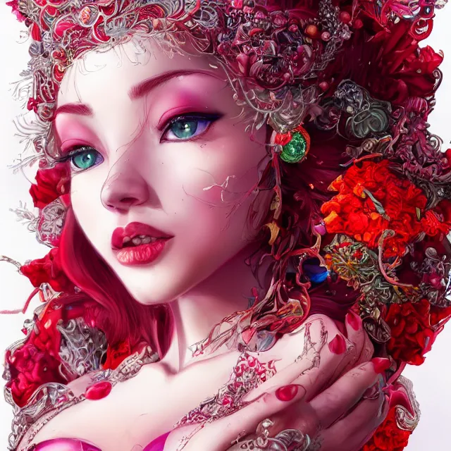 Image similar to an absurdly beautiful, elegant, young hypercolorful sensual gravure idol partially made up of rubies and red gems, ultrafine hyperrealistic detailed face illustration by kim jung gi, irakli nadar, intricate linework, sharp focus, bright colors, matte, octopath traveler, final fantasy, unreal engine highly rendered, global illumination, radiant light, intricate environment
