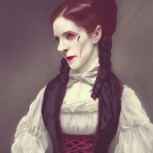 Image similar to head and shoulder professional portrait of a victorian female vampire, painted in the style of bloodborne, interesting color use, vampire fashion, highly detailed, melancholy, vampire teeth