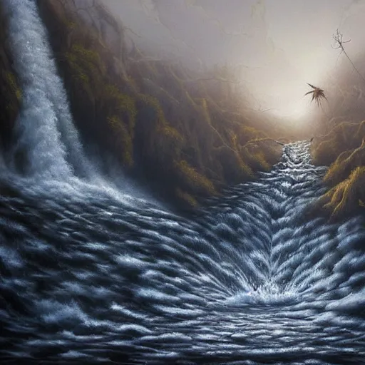 Prompt: artist joel rea a detailed hyper realistic painting of a flood running through the natural wilderness,