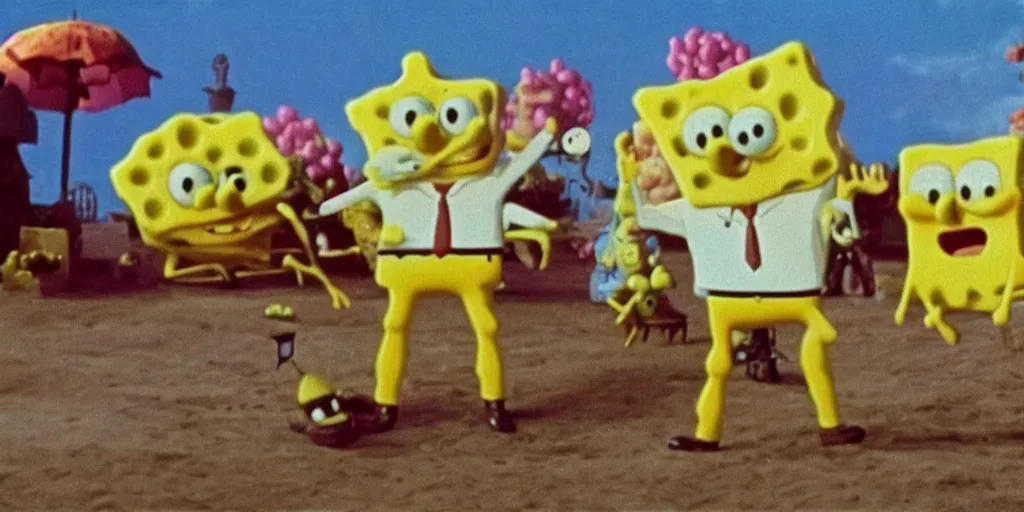 Prompt: spongebob in'the holy mountain'( 1 9 7 3 ) directed by alejandro jodorowsky, movie still frame