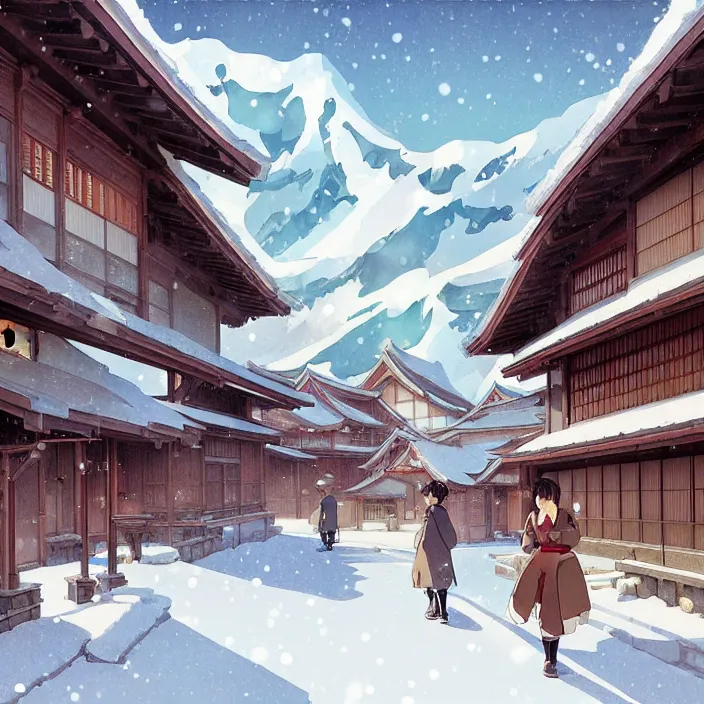 Image similar to japanese rural town, winter, in the style of studio ghibli, j. c. leyendecker, greg rutkowski, artem