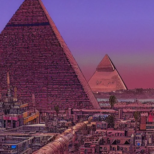 Image similar to cyberpunk city in egypt with the pyramids in the back artstation, intricate, highly detailed, digital painting, concept art, sharp focus, illustration by Jean Claude Mézières and Ivan Bilibin