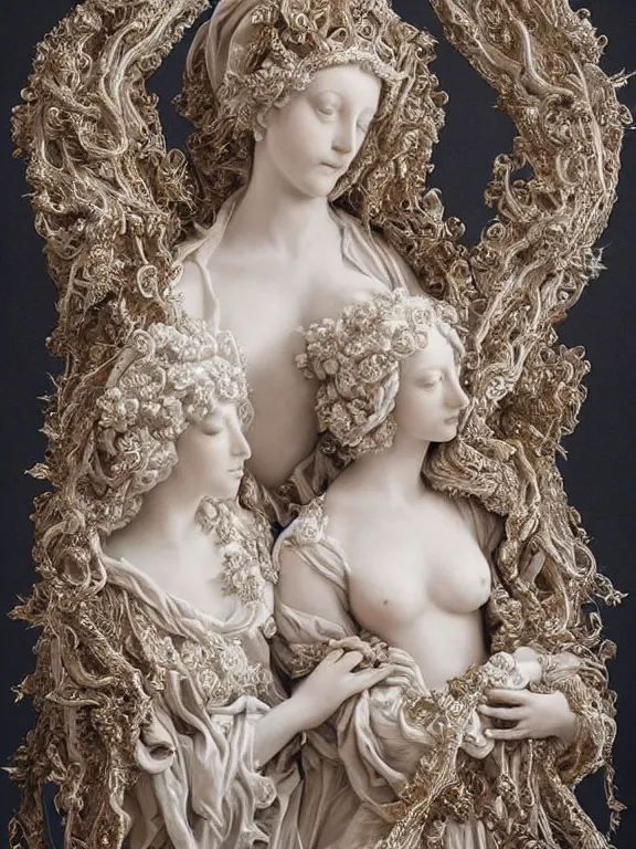 Prompt: a beautiful portrait render of two baroque catholic veiled queen sculpture with symmetry intricate detailed ,heart,pray,love,crystal-embellished,by Daveed Benito,LEdmund Leighton,Virginie Ropars,peter gric,aaron horkey,Billelis,trending on pinterest,hyperreal,gold,silver,ivory,maximalist,glittering,golden ratio,cinematic lighting